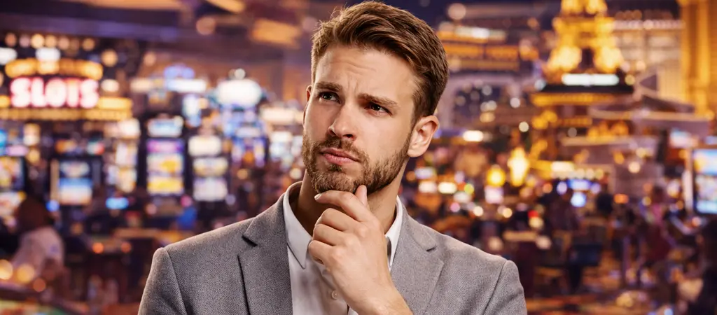 Gondolkodó férfi kaszinó környezetben nyerőgépek előtt a szerencsejáték döntések és stratégia kérdését mérlegelve